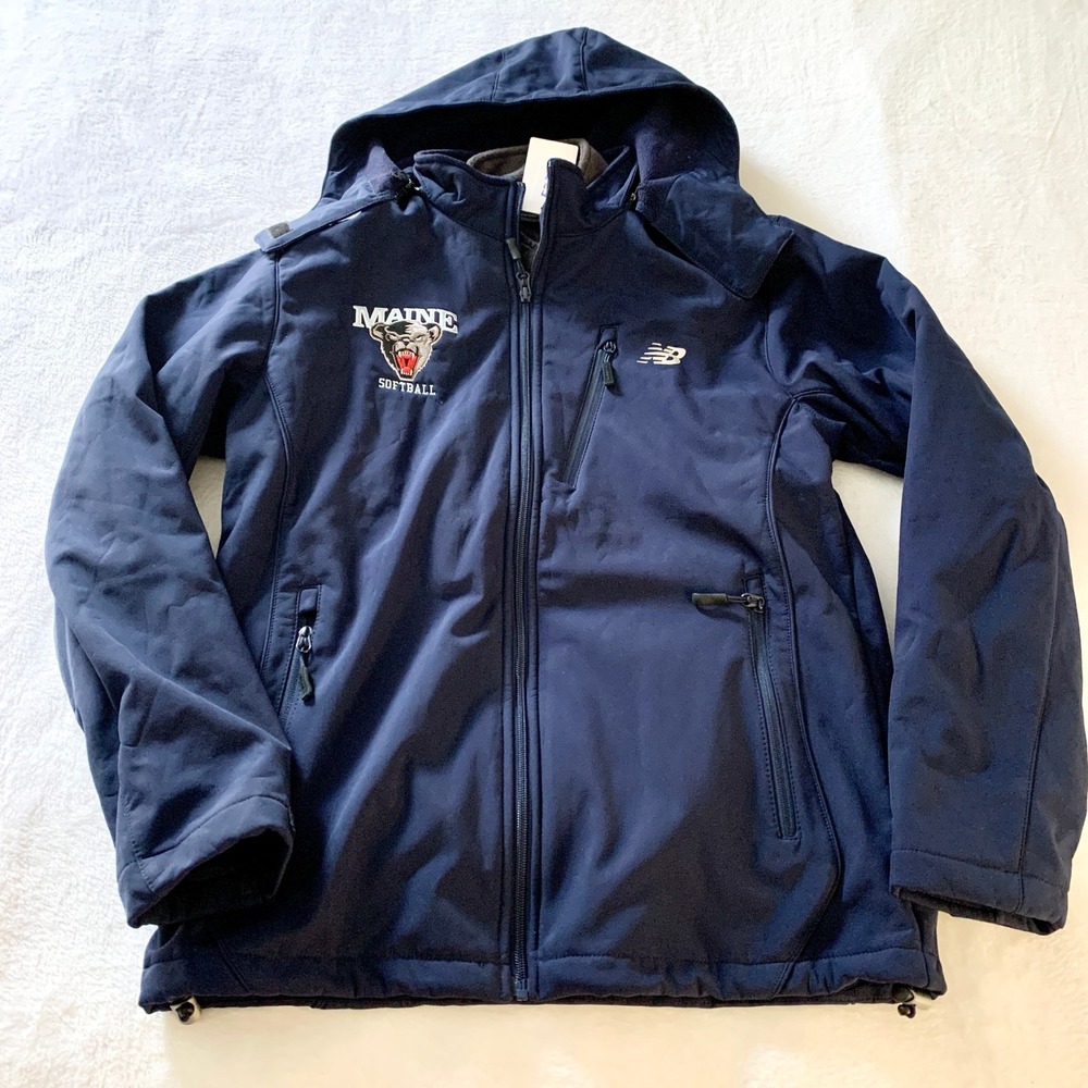 New Balance Maine Softball Softshell Jacket Mens Size XS Navy Blue Hooded Fleece